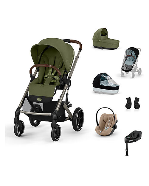 Cybex Passeggino Balios S Lux Trio Completo XL - Moss Green - Passeggino + Navicella + 2 Parapioggia + Seggiolino Auto Cloud G i-Size Plus Almond Beige + Base e Adattatori Passeggini Trio e Duo