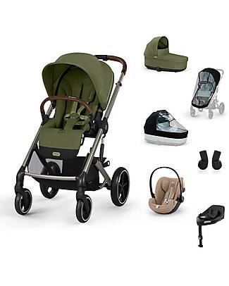 Cybex Passeggino Balios S Lux Trio Completo XL - Moss Green - Passeggino + Navicella + 2 Parapioggia + Seggiolino Auto Cloud G i-Size Plus Almond Beige + Base e Adattatori Passeggini Trio e Duo