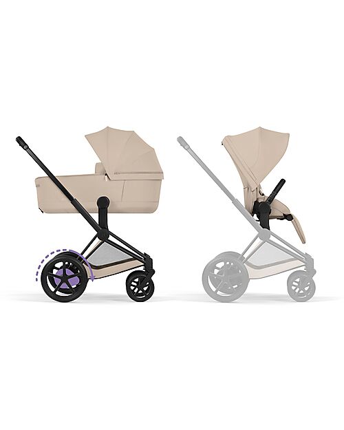 Cybex Passeggino e-Priam Duo Comfort - Telaio Matt Black + Seduta e Navicella Richiudibile Cozy Beige Pedane