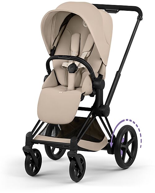 Cybex Passeggino e-Priam Duo Comfort - Telaio Matt Black + Seduta e Navicella Richiudibile Cozy Beige Pedane