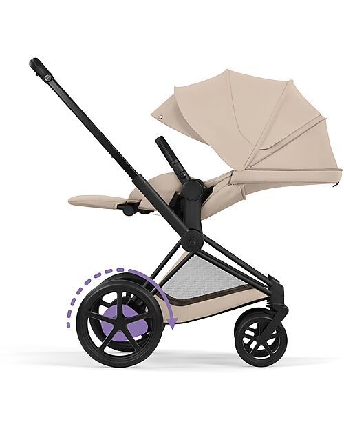 Cybex Passeggino e-Priam Duo Comfort - Telaio Matt Black + Seduta e Navicella Richiudibile Cozy Beige Pedane