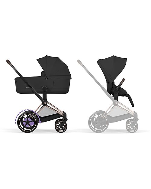 Cybex Passeggino e-Priam Duo Comfort - Telaio Rosegold + Seduta e Navicella Richiudibile Sepia Black Pedane