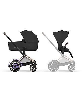 Cybex Passeggino e-Priam Duo Comfort - Telaio Rosegold + Seduta e Navicella Richiudibile Sepia Black Pedane