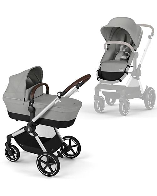 Cybex Passeggino EOS Lux 2-in-1 con Attacchi Intercambiabili: da Navicella a Seduta - Argento Stone Grey - dalla Nascita ai 4 Anni! Passeggini Trio e Duo