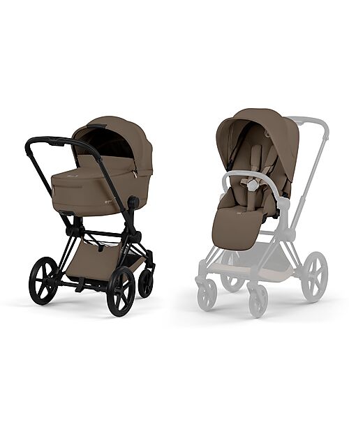 Cybex Passeggino Priam Duo Comfort - Telaio Matt Black + Seduta e Navicella Richiudibile Coconut Brown Pedane