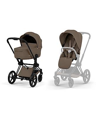 Cybex Passeggino Priam Duo Comfort - Telaio Matt Black + Seduta e Navicella Richiudibile Coconut Brown Pedane