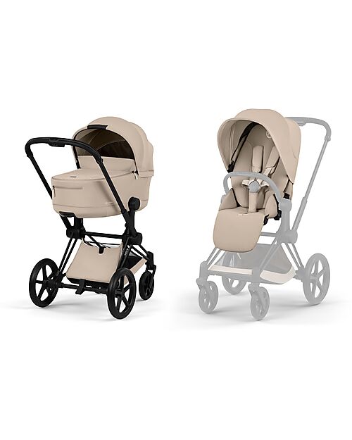 Cybex Passeggino Priam Duo Comfort - Telaio Matt Black + Seduta e Navicella Richiudibile Cozy Beige Pedane