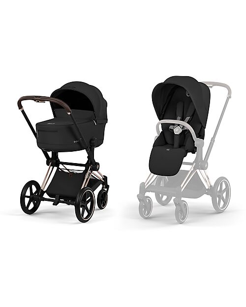 Cybex Passeggino Priam Duo Comfort - Telaio Rosegold + Seduta e Navicella Richiudibile Sepia Black Pedane