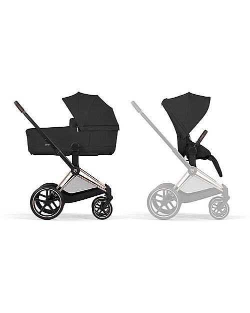 Cybex Passeggino Priam Duo Comfort - Telaio Rosegold + Seduta e Navicella Richiudibile Sepia Black Pedane