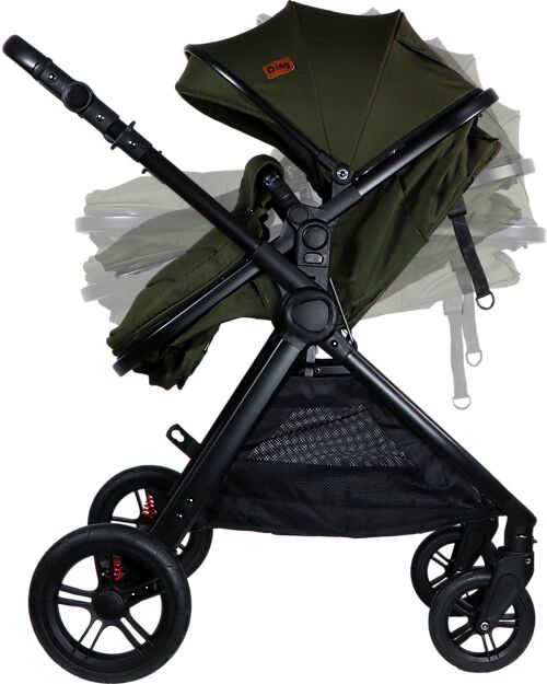 Ding Baby Trio Passeggino e Carrozzina Liam + Ovetto - Nero/Verde Foresta - La Seduta si Trasforma in Navicella! Passeggini Trio e Duo