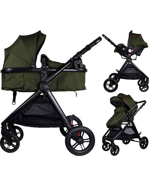 Ding Baby Trio Passeggino e Carrozzina Liam + Ovetto - Nero/Verde Foresta - La Seduta si Trasforma in Navicella! Passeggini Trio e Duo