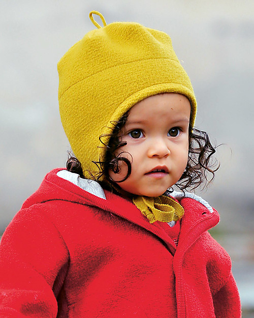 Disana Cappellino in Lana Cotta con Stringhe, Giallo curry - 100% lana merino Cappelli Invernali
