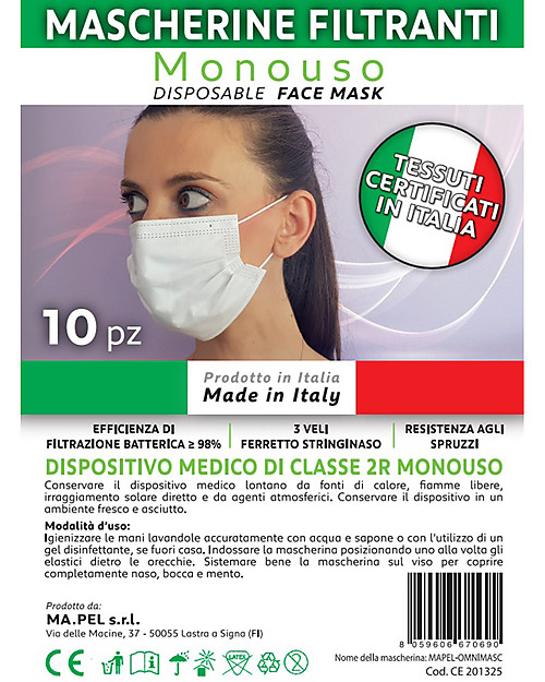 Dispositivi di Protezione Individuale 10 x Mascherine Filtranti Monouso per Adulti - Tipo 2R - 3 Strati - Made in Italy Mascherine Protettive_