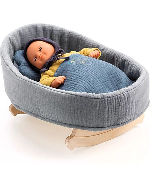Djeco Culla a Dondolo per Bambola Pomea in Cotone - 39x20x27cm - Include Cuscino e Copertina Accessori Bambole