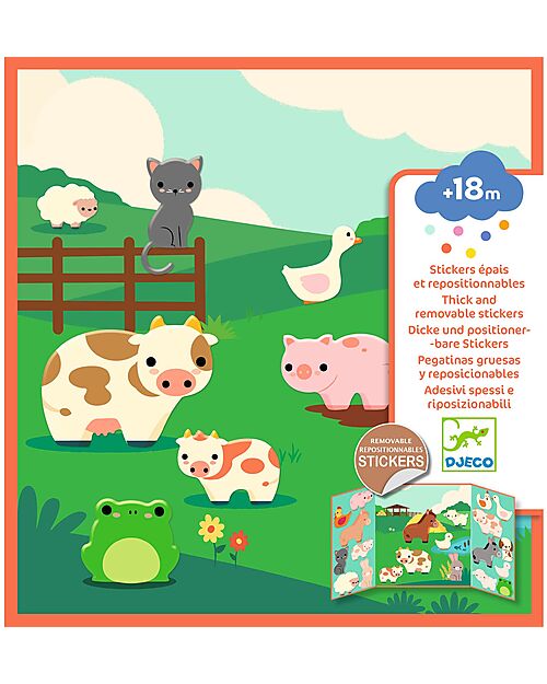 Djeco Kit Creativo con Adesivi Riposizionabili - Animali della fattoria - 18m+ Adesivi e Timbri