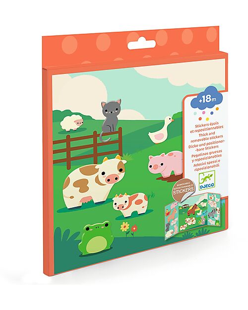 Djeco Kit Creativo con Adesivi Riposizionabili - Animali della fattoria - 18m+ Adesivi e Timbri