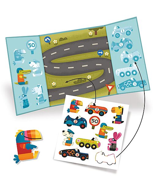 Djeco Kit Creativo con Adesivi Riposizionabili - Cars - con carta Certificata FSC® Adesivi e Timbri