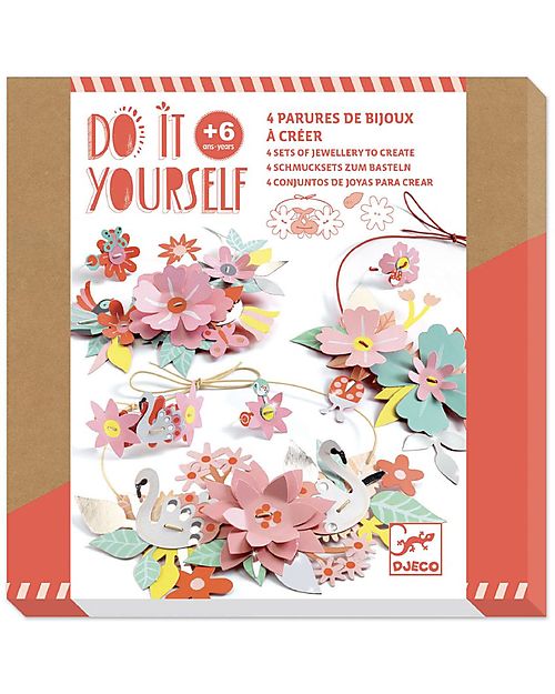 Djeco Kit Creativo Gioielli Coloufun Fun - 4 Set Anello Collana e Bracciale - Carta Certificata FSC Kit Fai Da Te