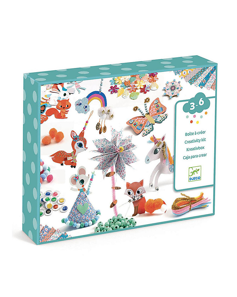 Djeco Kit Creativo - Include Pompon + Adesivi + Gemme + Perline bambina