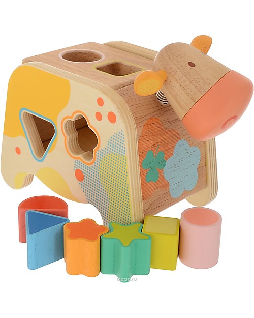 Djeco Mucca ad Incastri in Legno Cachatou - Con Forme Colorate Incastri in Legno