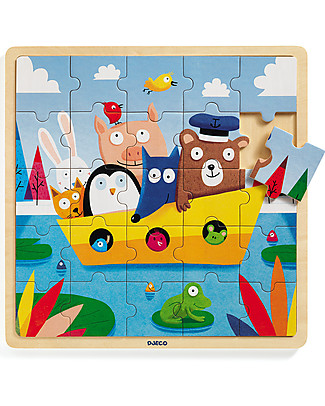 Djeco Puzzle in Legno Nave con Animali a Bordo - Base ad incastro Giochi Montessoriani
