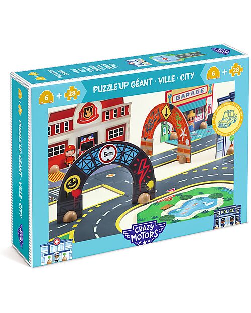 Djeco Puzzl'Up City - Puzzle da Pavimento - 33 pezzi - 3+ Anni Macchine e Trenini  in Legno