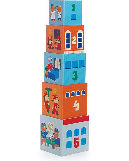 Djeco Set Cubi Impilabili "Topanicar"- con Blocchi Illustrati e Veicoli - Legno Certificato FSC® Costruzioni in Legno