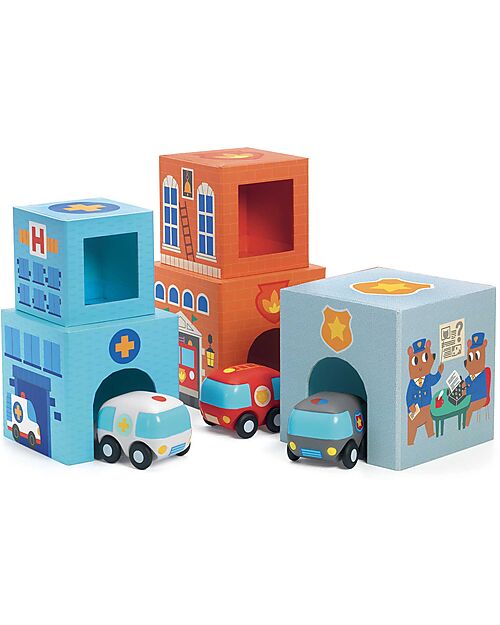 Djeco Set Cubi Impilabili "Topanicar"- con Blocchi Illustrati e Veicoli - Legno Certificato FSC® Costruzioni in Legno