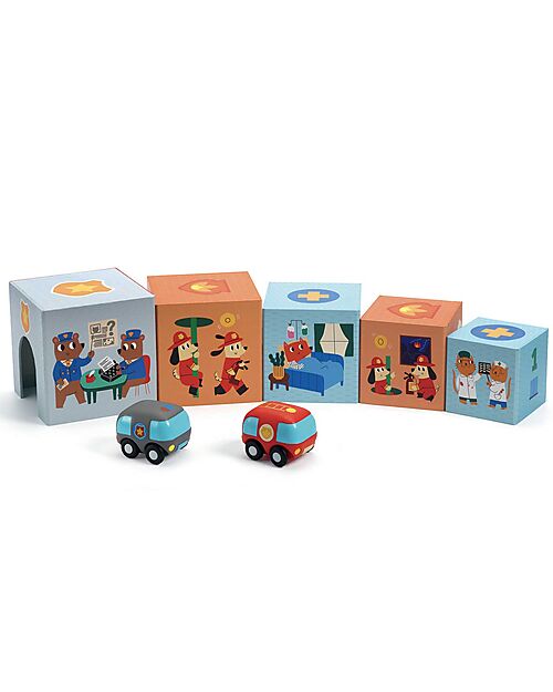 Djeco Set Cubi Impilabili "Topanicar"- con Blocchi Illustrati e Veicoli - Legno Certificato FSC® Costruzioni in Legno