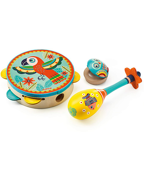 Djeco Set da Tre Strumenti Musicali: Tamburello + Maracas + Nacchere Strumenti Musicali