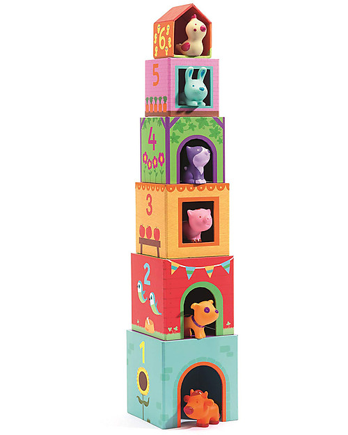 Djeco Set di Cubi con Animali Topanifarm - Sviluppa la Fantasia Costruzioni in Legno