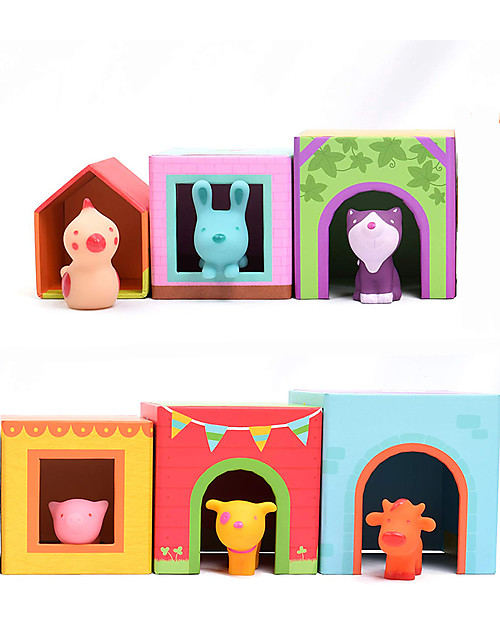 Djeco Set di Cubi con Animali Topanifarm - Sviluppa la Fantasia Costruzioni in Legno
