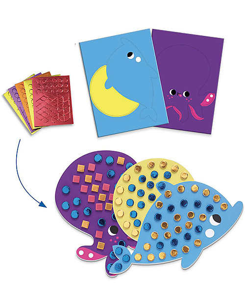 Djeco Set di Multi Attività Seaside Delight - Collage + Disegno + Mosaico Disegnare e Colorare