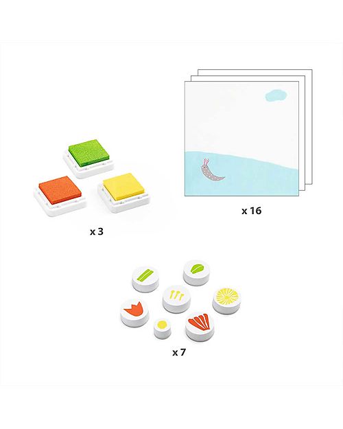 Djeco Set Timbri Flowers - 3 Inchiostri e 7 Timbri - 3+ Adesivi e Timbri