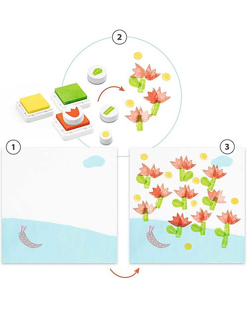 Djeco Set Timbri Flowers - 3 Inchiostri e 7 Timbri - 3+ Adesivi e Timbri