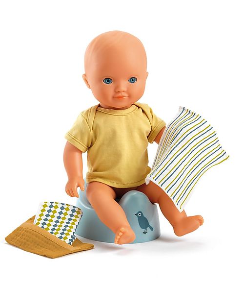 Djeco Set Vasino con Salviette per Bambola Pomea - Verde Acqua - Imparare Giocando Accessori Bambole