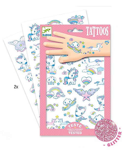 Djeco Tatuaggi Removibili per Bambini - Unicorni - Dermatologicamente Testato Tatuaggi da Bambini