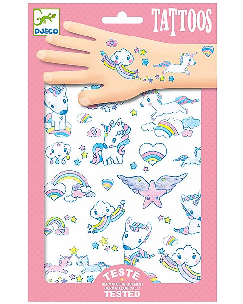 Djeco Tatuaggi Removibili per Bambini - Unicorni - Dermatologicamente Testato Tatuaggi da Bambini