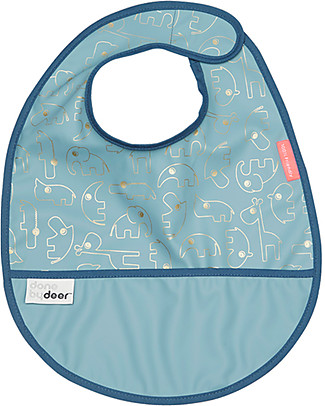 Done By Deer Bavaglino Impermeabile con Tasca Contour, Celeste/Oro - 36x26 cm - Chiusura in Velcro Bavagli Impermeabili