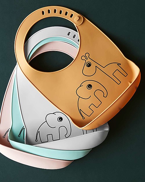 Done By Deer Bavaglino Impermeabile con Tasca Deer Friends, Mostarda - 100% silicone alimentare Bavagli Impermeabili con Tasca