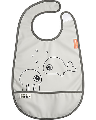 Done By Deer Bavaglino Impermeabile con Tasca Sea Friends - Grigio - Chiusura con Velcro Bavagli Classici