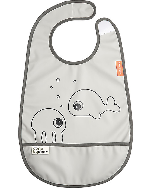 Done By Deer Bavaglino Impermeabile con Tasca Sea Friends - Grigio - Chiusura con Velcro Bavagli Impermeabili con Tasca