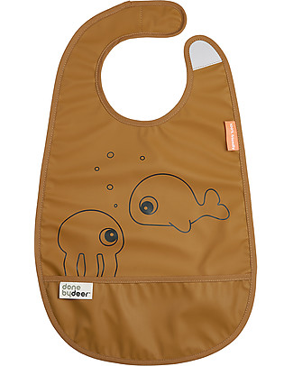 Done By Deer Bavaglino Impermeabile con Tasca Sea Friends - Mostarda - Chiusura con Velcro Bavagli Impermeabili con Tasca