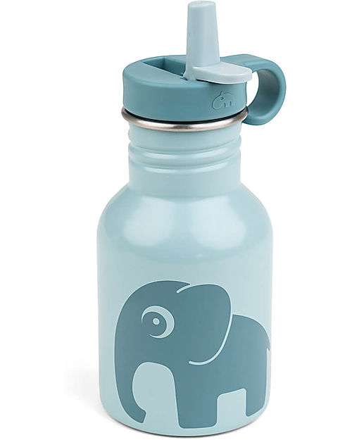 Done By Deer Borraccia in Metallo 350 ml - Elefante - Blu - con Cannuccia a Scomparsa! Borracce non Termiche