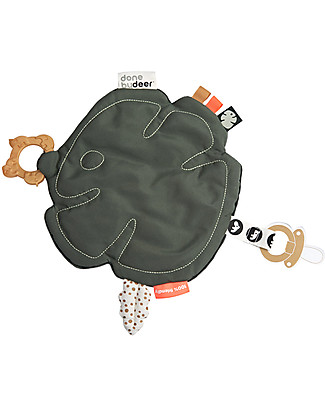 Done By Deer Doudou 3in1 con Portaciuccio e Massaggiagengive Tiny Tropics, Verde - 30x30 cm Doudou