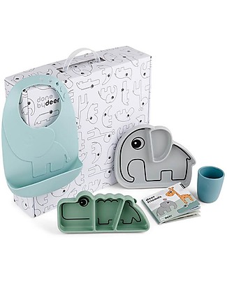 Done By Deer Goodie Box Tavola - Piatto, Piatto Snack Bavaglio e Mini Mug - Amici di Deer - Blu Mix - Silicone Alimentare Set Pappa