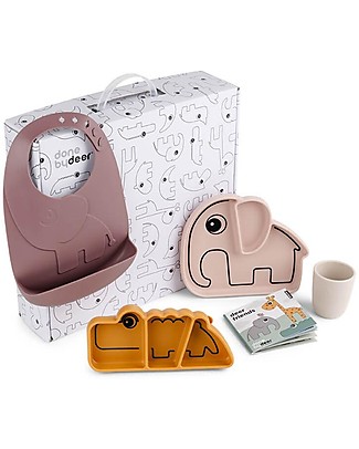 Done By Deer Goodie Box Tavola - Piatto, Piatto Snack Bavaglio e Mini Mug - Amici di Deer - Cipria Mix - Silicone Alimentare Set Pappa