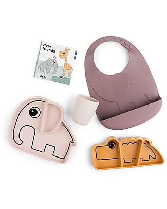 Done By Deer Goodie Box Tavola - Piatto, Piatto Snack Bavaglio e Mini Mug - Amici di Deer - Cipria Mix - Silicone Alimentare Set Pappa