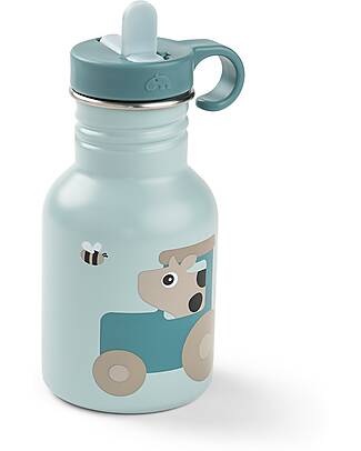 Done By Deer Metal Water Bottle 350 ml - Tiny Farm - Blue - with Hidaway Straw! - 12m+ Non-Thermal Water Bottles