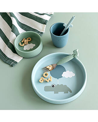 Done By Deer OUTLET - Set Pappa in Silicone Alimentare - Piatto Ciotola e Tazza - Happy Clouds - Blu - Pezzo di Showroom Set Pappa